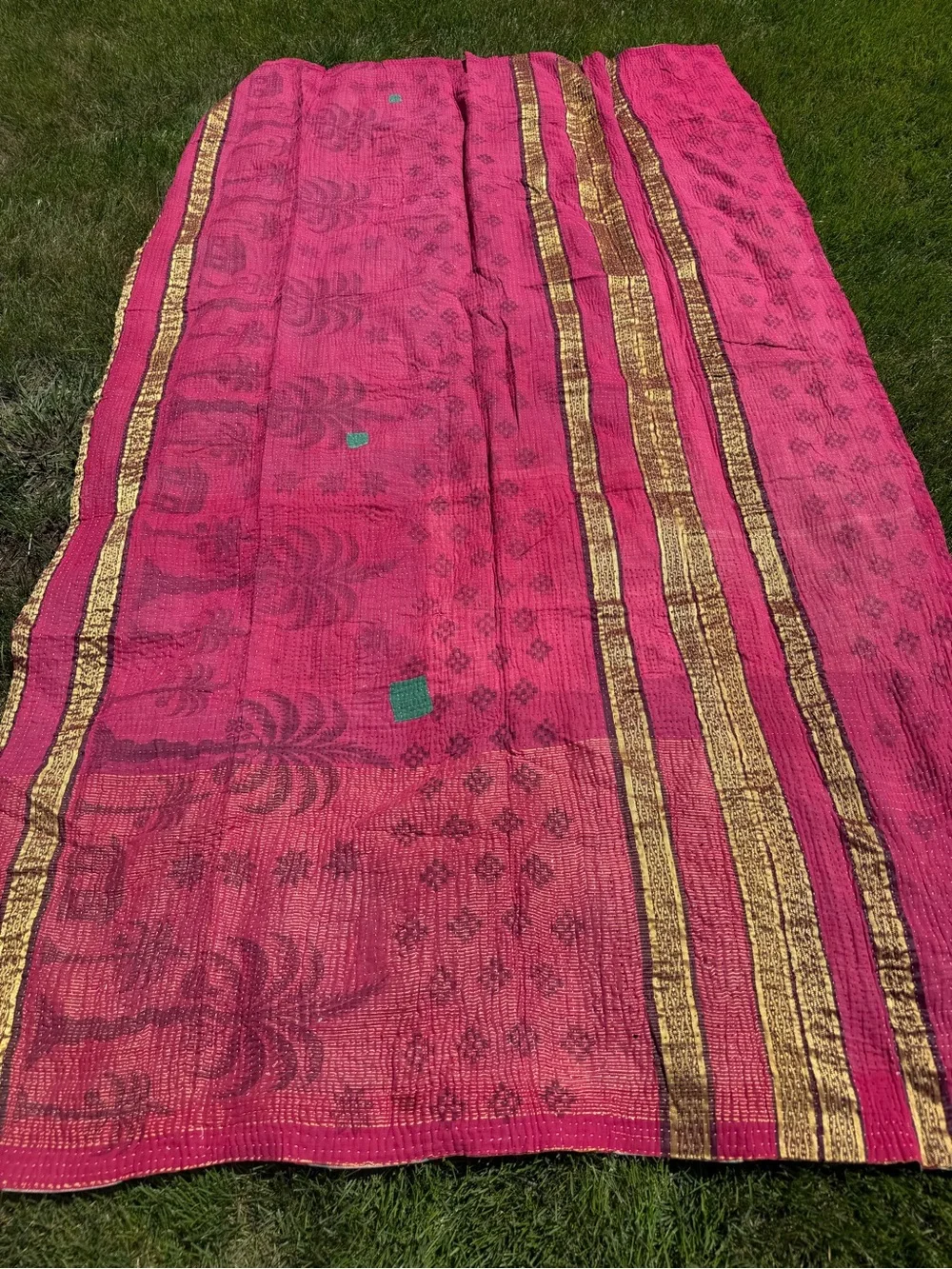 Vintage Kantha Quilt Hot Pink Gold Reversible Indian Hand Stitched Throw